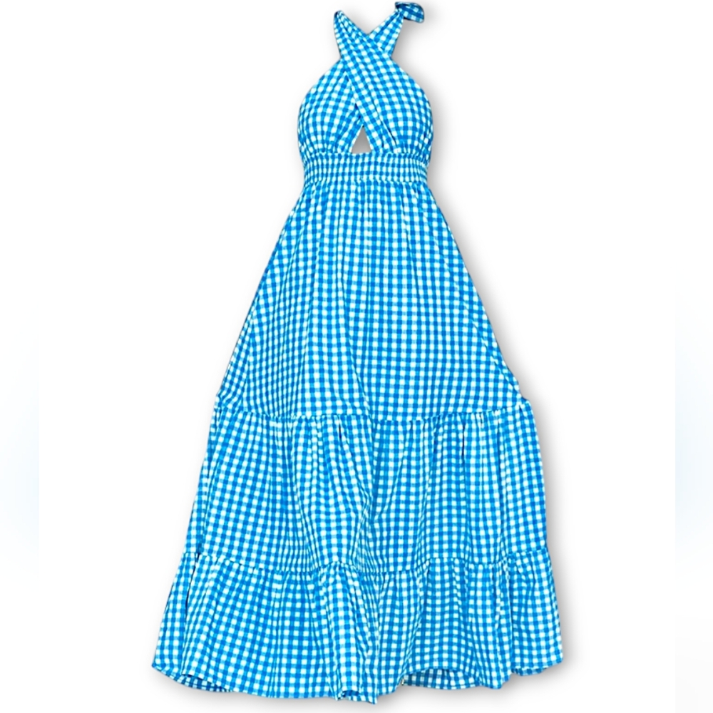 ZESICA Crossover Halter Plaid Gungham Backless Maxi Dress Size XL